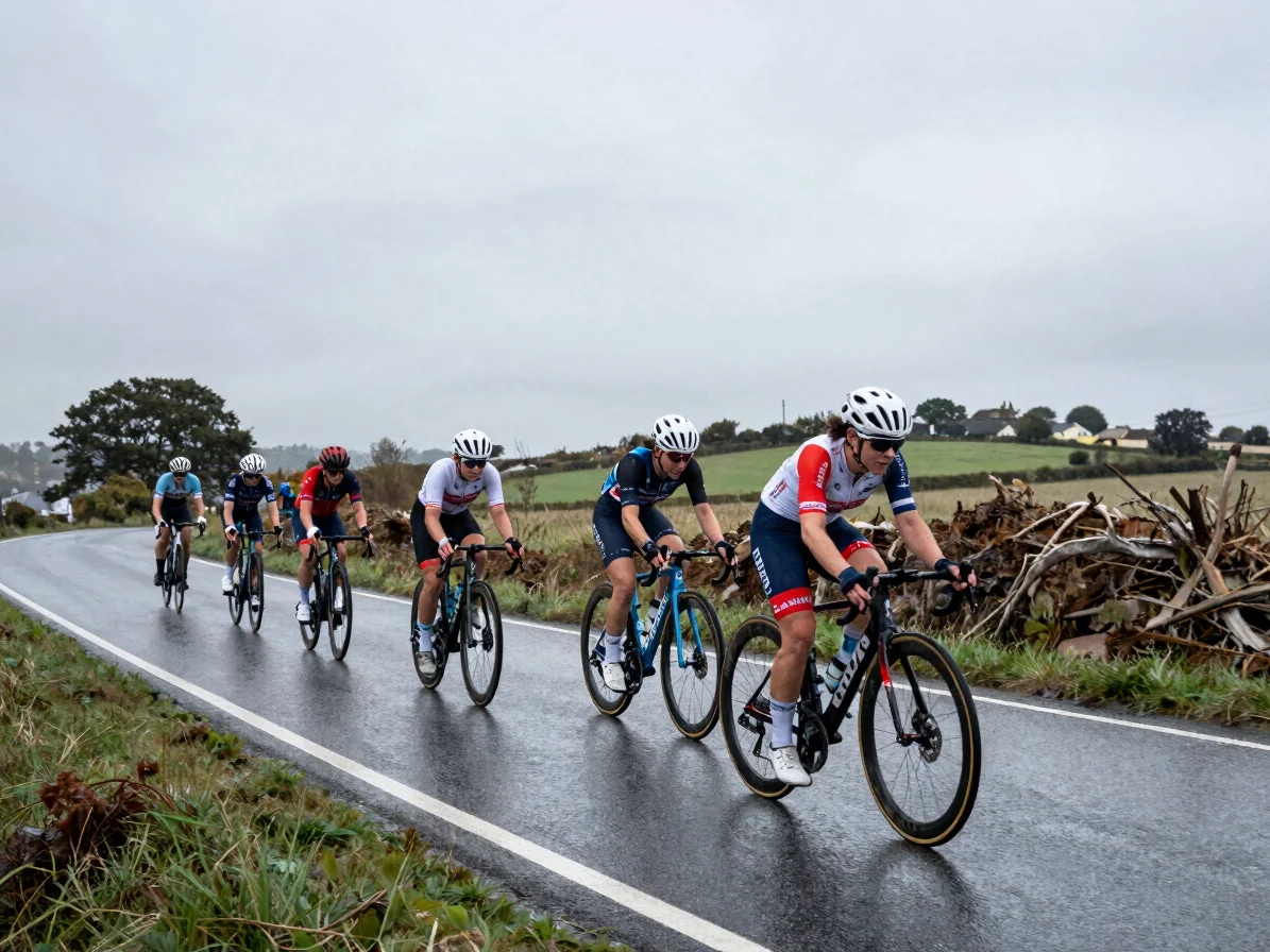 Wide editorial sports photograph of a women's peloton on a rain-s
