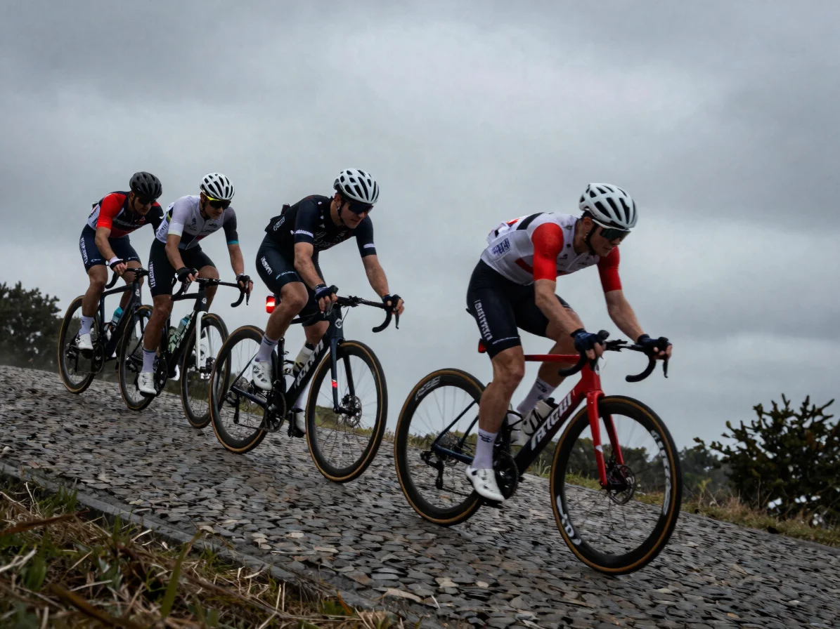 Close action photograph of riders climbing a steep cobbled section, motion blur, deep charcoal background with red accen