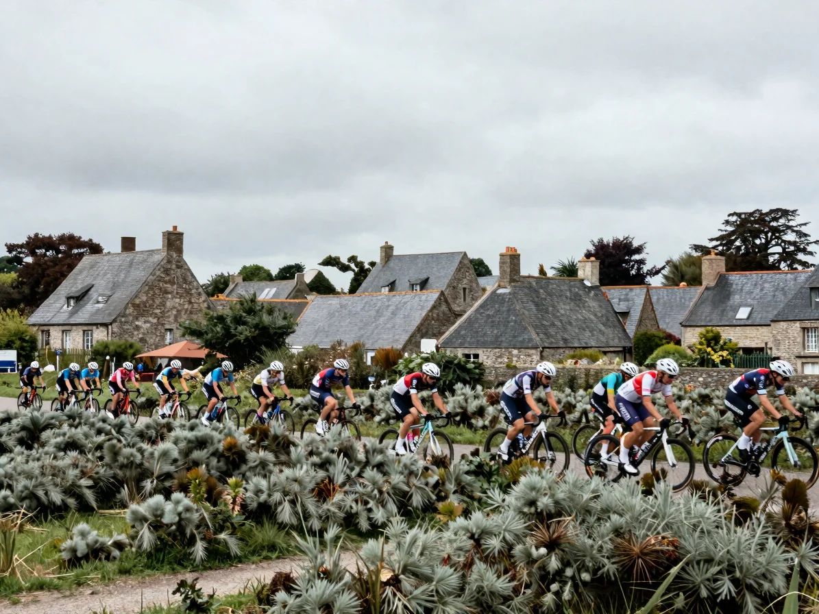 Wide environmental race frame of a peloton passing hedgerows and a stone-built village in Brittany, soft Atlantic overca