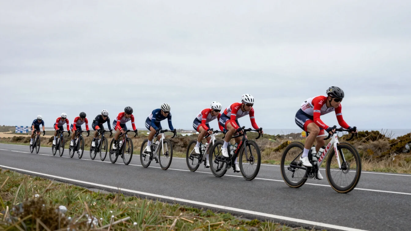 Riders forming a crosswind echelon on an open coastal road, overcast light, motion blur, 35mm