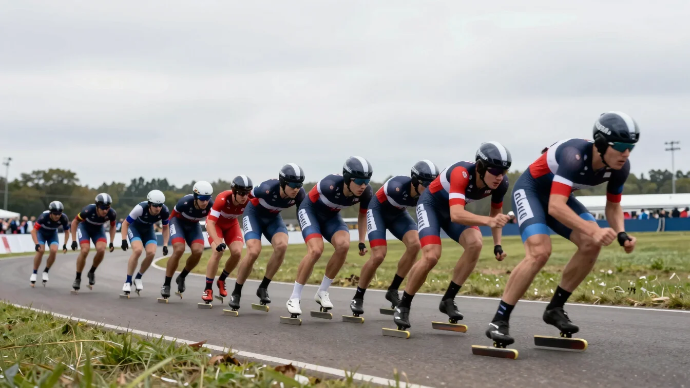 Sprint leadout riders accelerating in tight formation toward a finish line, overcast light, motion blur, 35mm