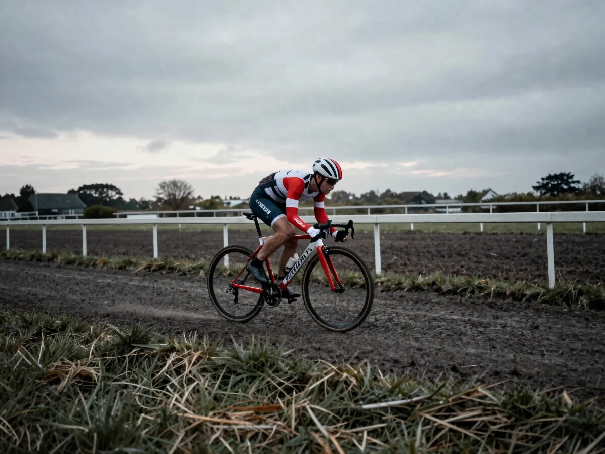 Wide editorial sports photograph of a rider training on a rolling Breton lane at dawn, overcast light, motion blur on th