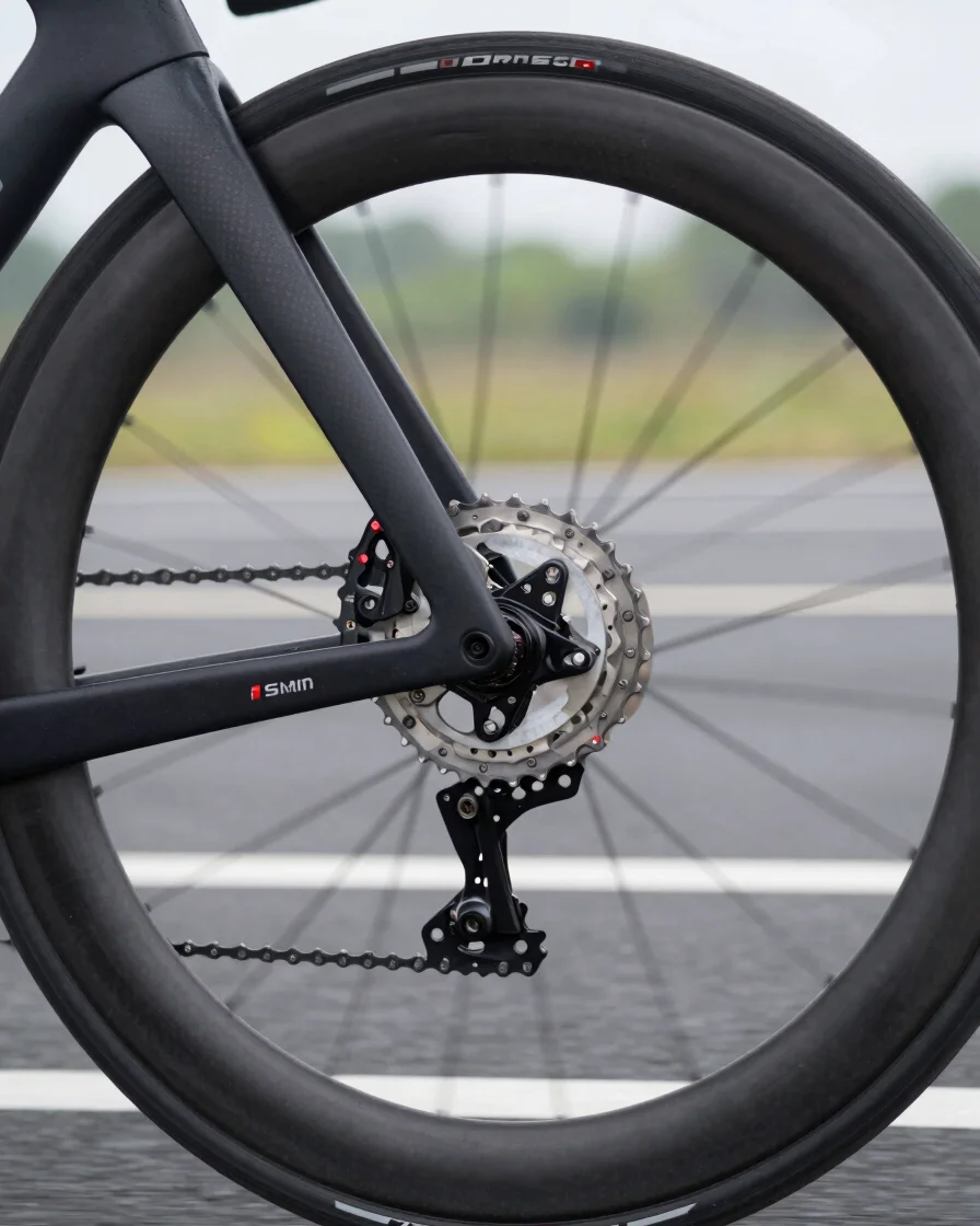 Close-up editorial shot of a road bicycle drivetrain and carbon wheel under overcast race-day light, deep charcoal backg