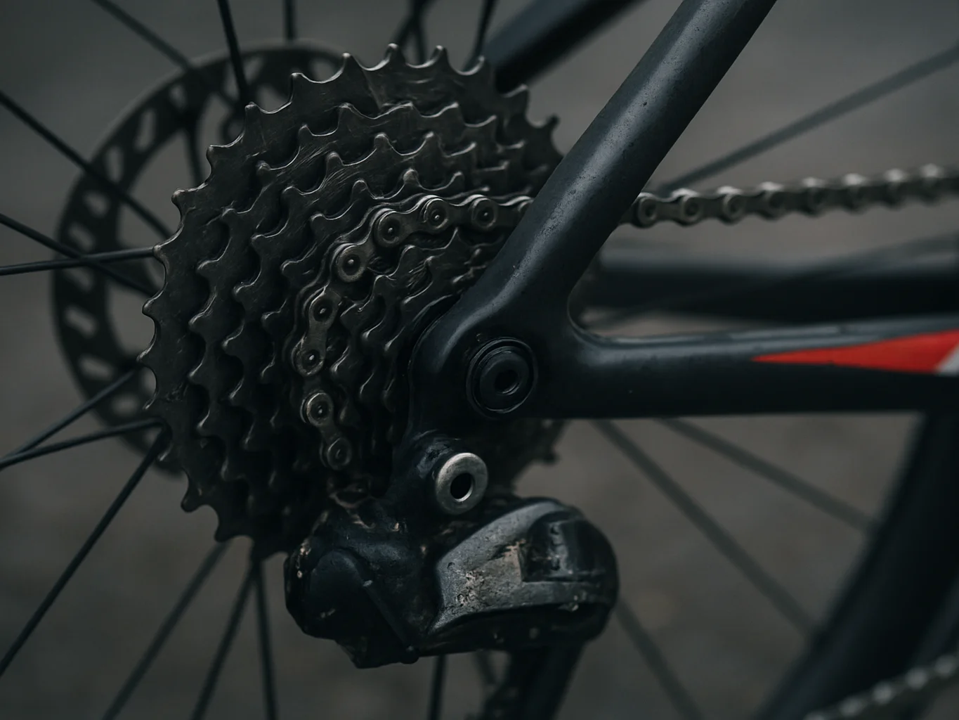 Close-up of a road bicycle cassette and chain under soft overcast light, red and white accent detailing, shallow depth o