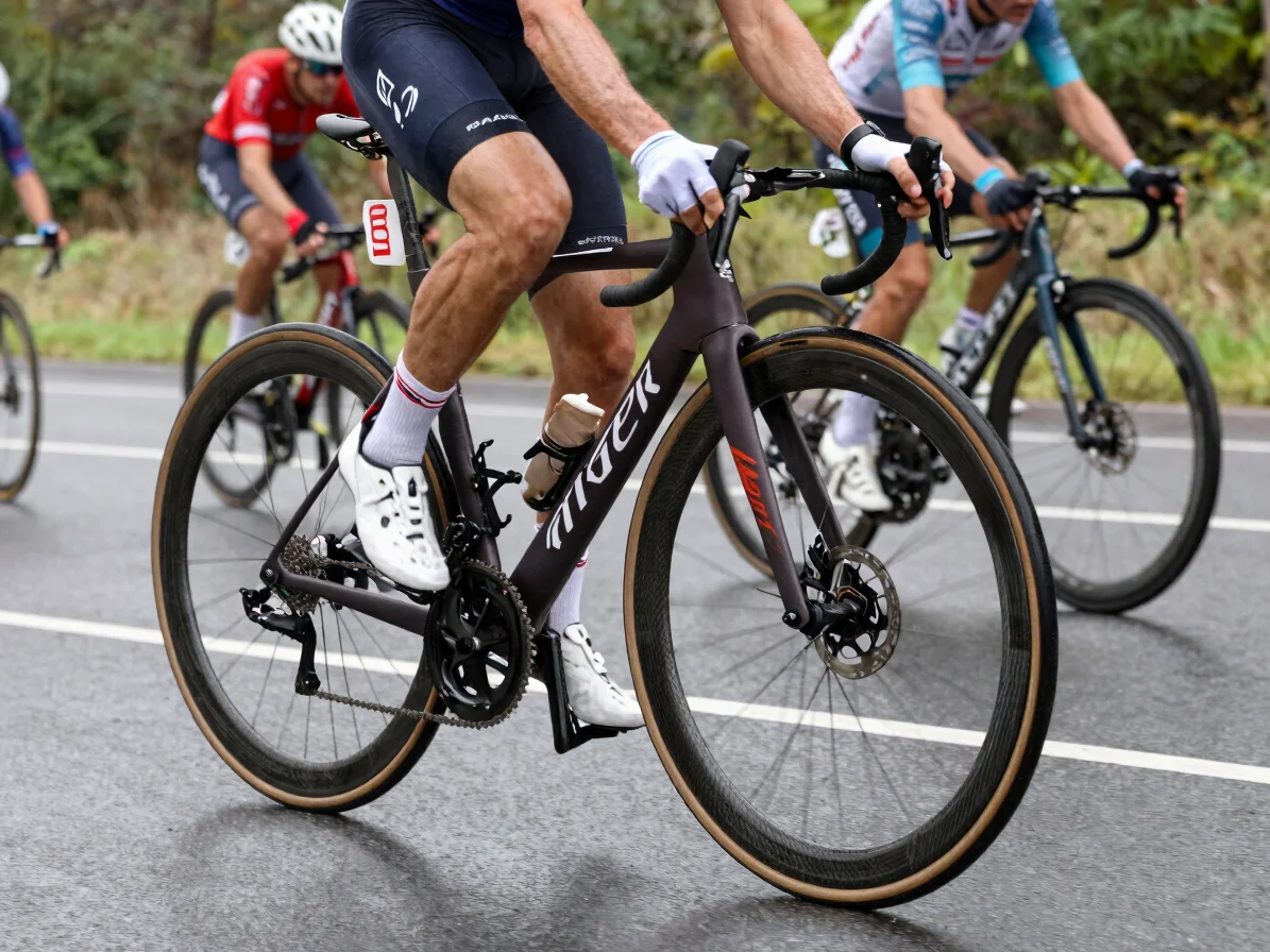Carbon road wheel with deep rim on wet tarmac during an overcast race morning, motion blur on the background peloton, 35