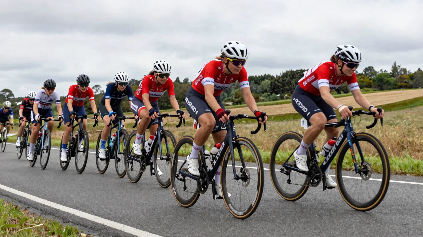 Close motion-blur action frame of women riders in a tight peloton
