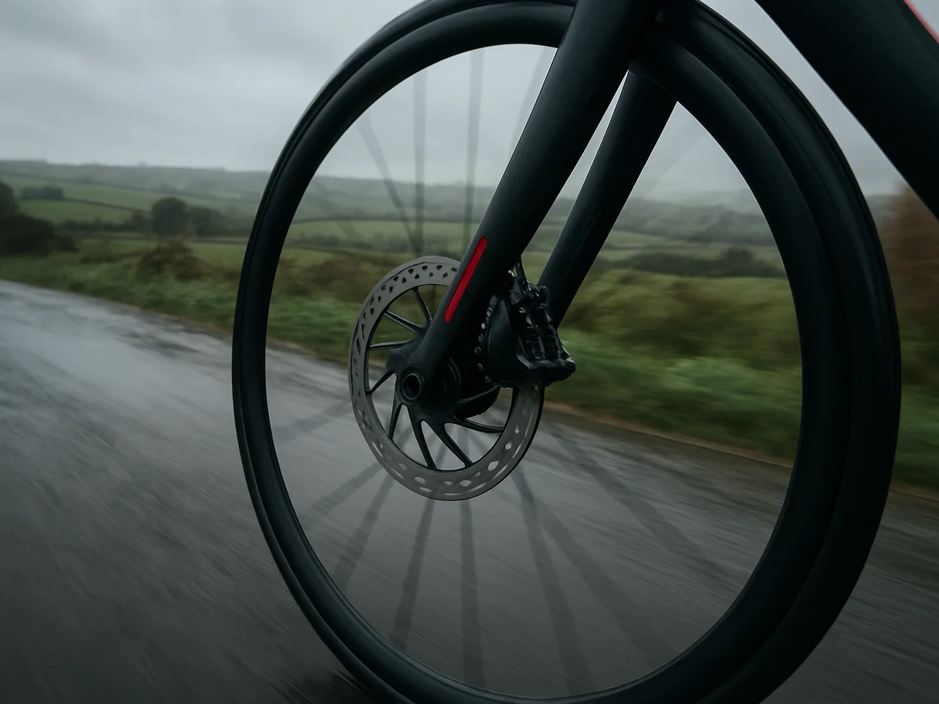 Road bike disc brake rotor and caliper on a rain-slicked descent, Brittany countryside behind, muted natural light, 35mm