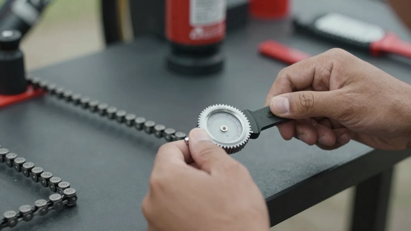 Hands measuring a bicycle chain with a wear gauge on a workbench, natural daylight, 35mm