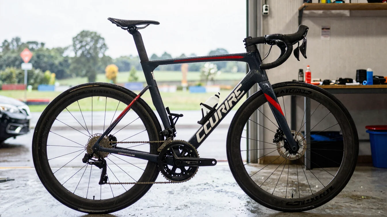 Road bicycle being cleaned and lubricated in a garage after a wet ride, workshop light, 35mm