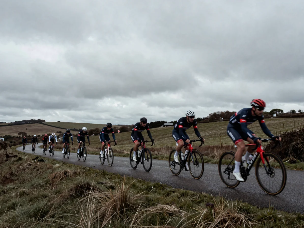 Wide panoramic overcast race-day scene on a rolling Breton lane,