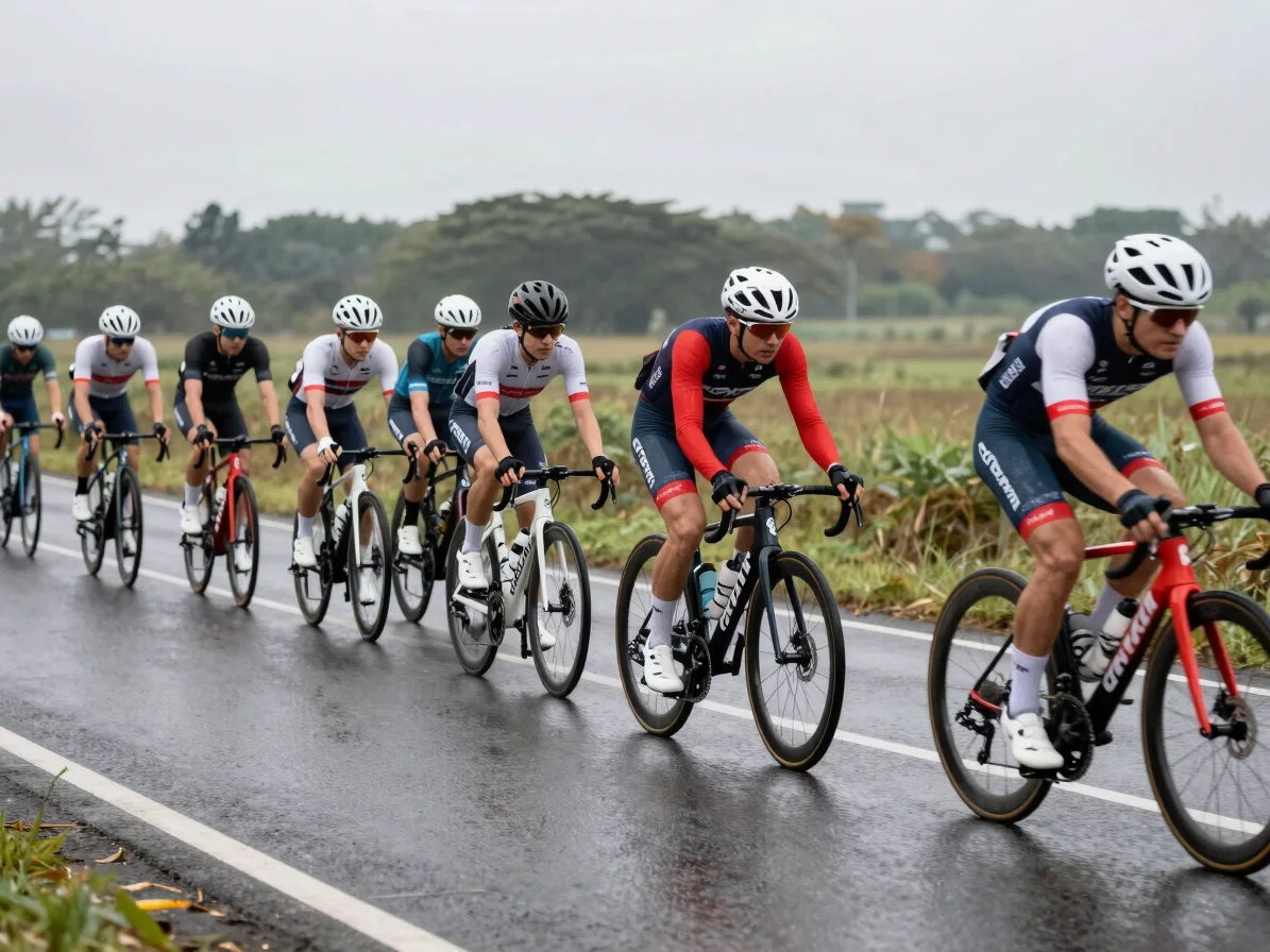 Editorial sports photograph of a team squad lined up beside bikes on a damp race-morning road, overcast light, charcoal