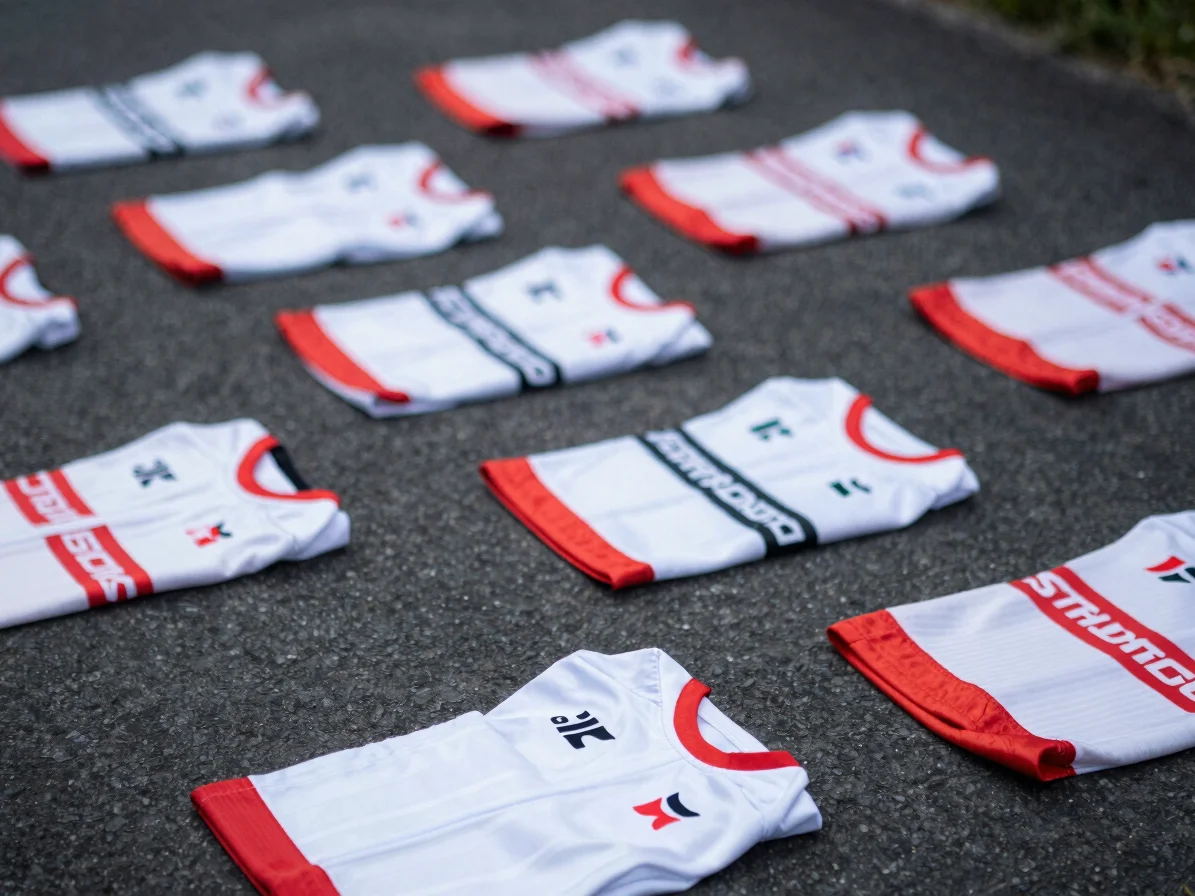 Archival-style flat lay of folded white and red cycling jerseys on a charcoal surface, soft overcast light, 35mm editori