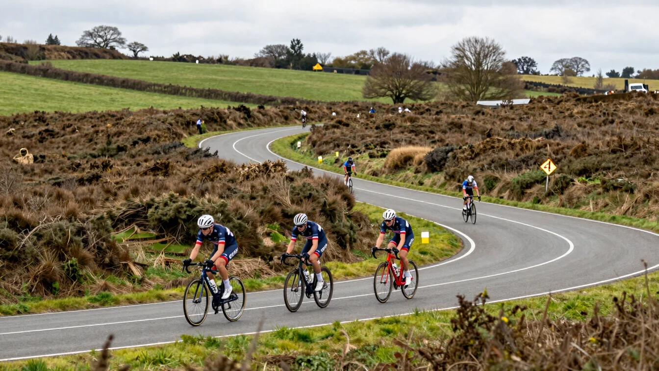 Wide race-day frame of a road course winding through hedgerows an