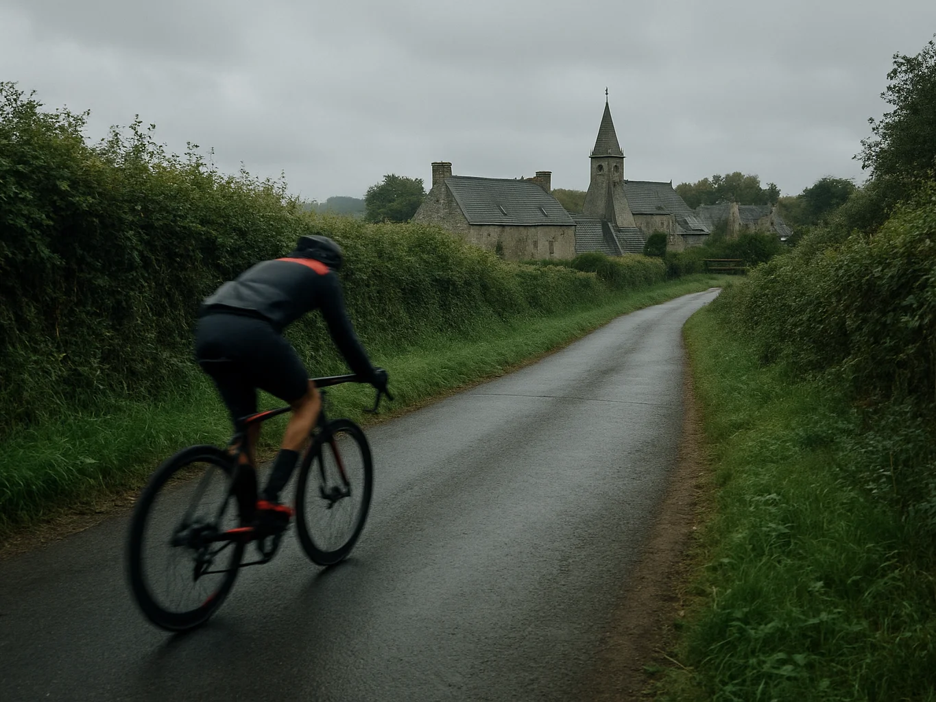 Quiet Breton country lane lined with hedgerows and a stone villag