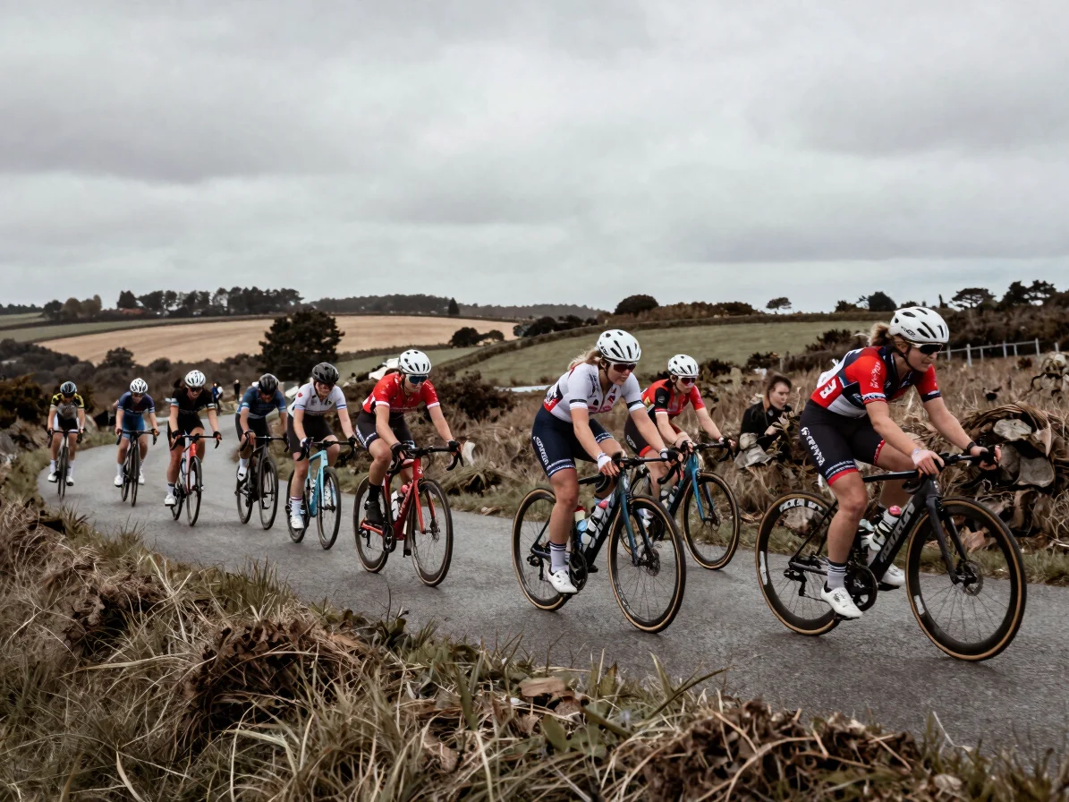 Overcast race-day scene on a rolling Breton lane, a peloton of wo