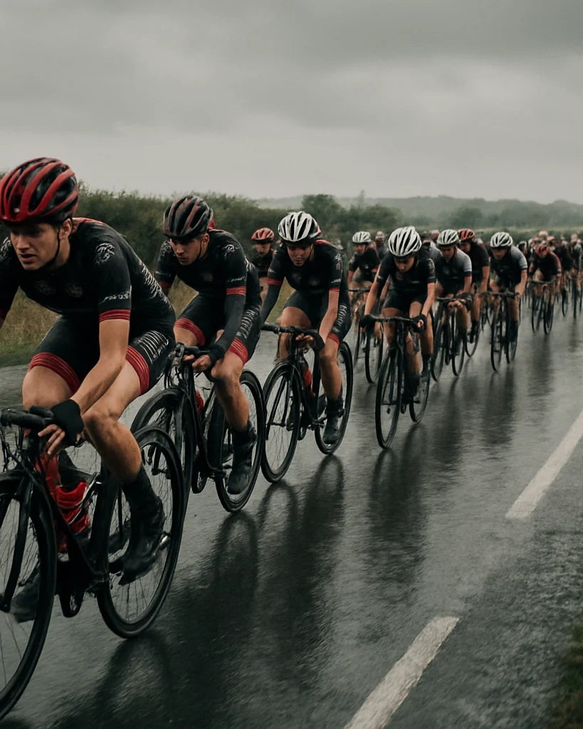 Wide 35mm editorial race photograph of a women’s peloton on a rai